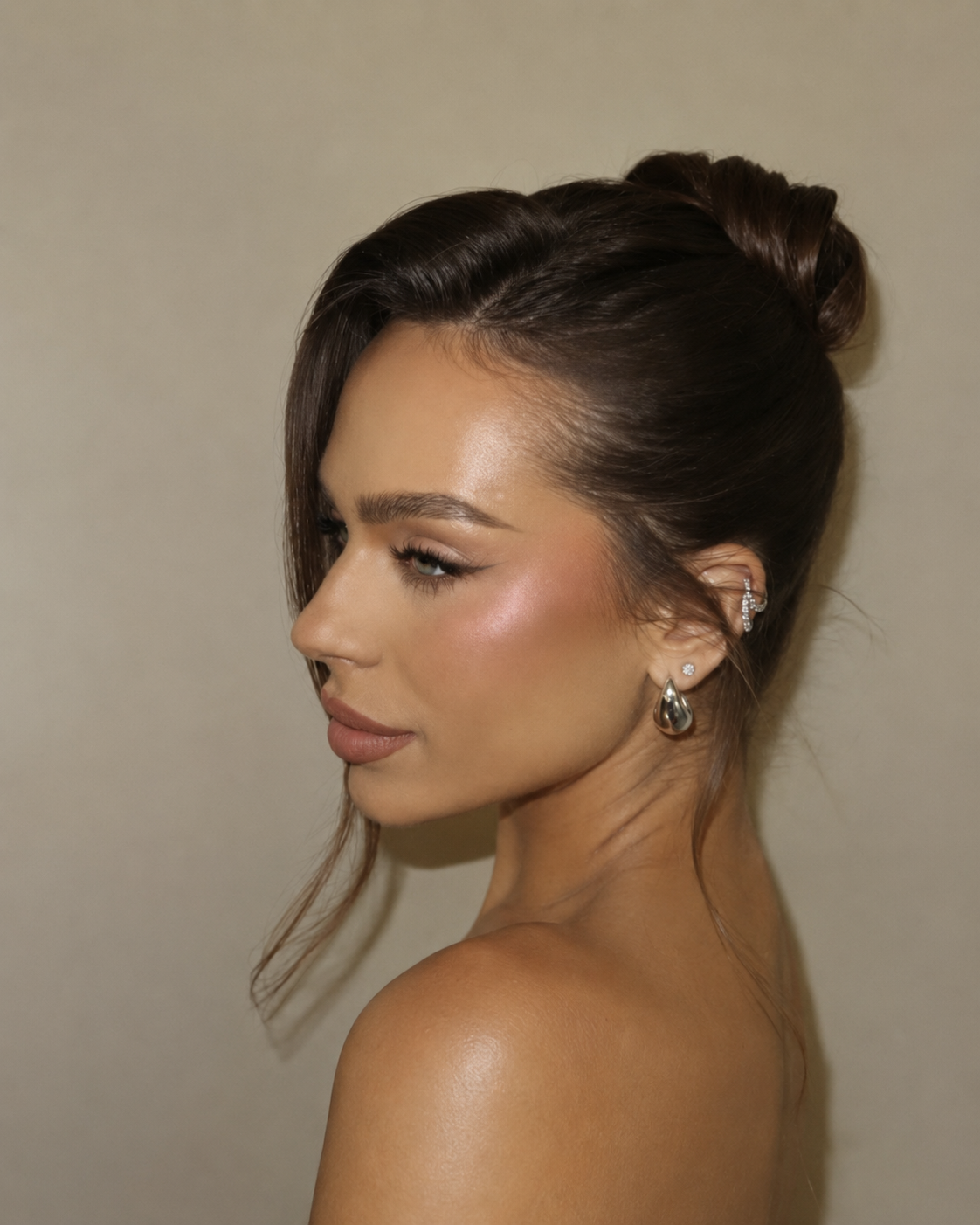 Profile view of glowing makeup